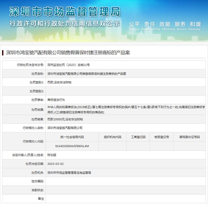 存在商标违法行为   深圳市鸿宝驰汽配有限公司被罚