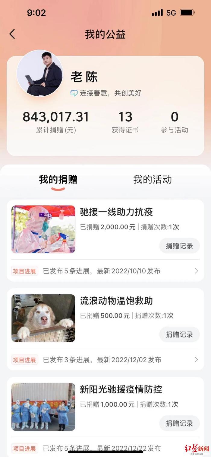 老陈公开他累计捐赠84万余元