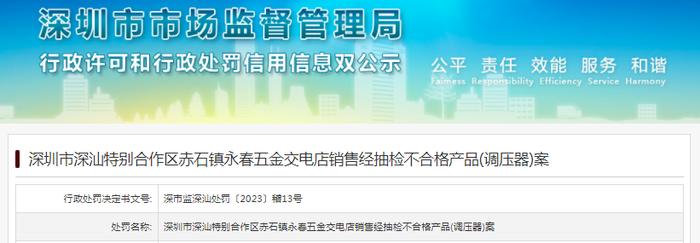 深圳市深汕特别合作区赤石镇永春五金交电店销售经抽检不合格产品(调压器)案