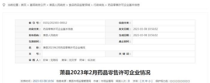 安徽省宿州市萧县市场监管局发布2023年2月药品零售许可企业情况