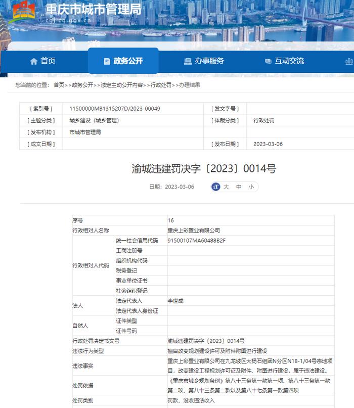 违法建设，重庆上彩置业有限公司被罚款5万余元