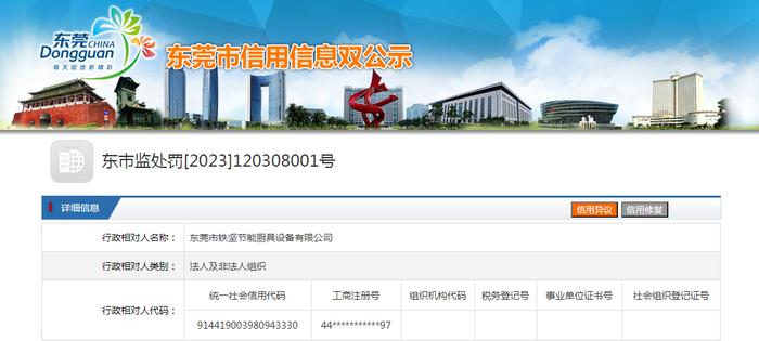 生产、销售不合格产品  广东省东莞市铁坚节能厨具设备有限公司被罚款9000元