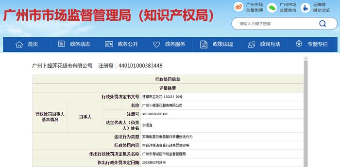 关于广州卜蜂莲花超市有限公司的行政处罚决定书 穗增市监处罚〔2023〕90号