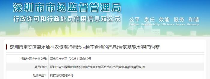 深圳市宝安区福永灿林农资商行销售抽检不合格的产品(含氨基酸水溶肥料)案