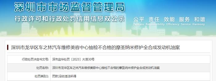 深圳市龙华区车之林汽车维修美容中心抽检不合格的摩圣纳米修护全合成发动机油案