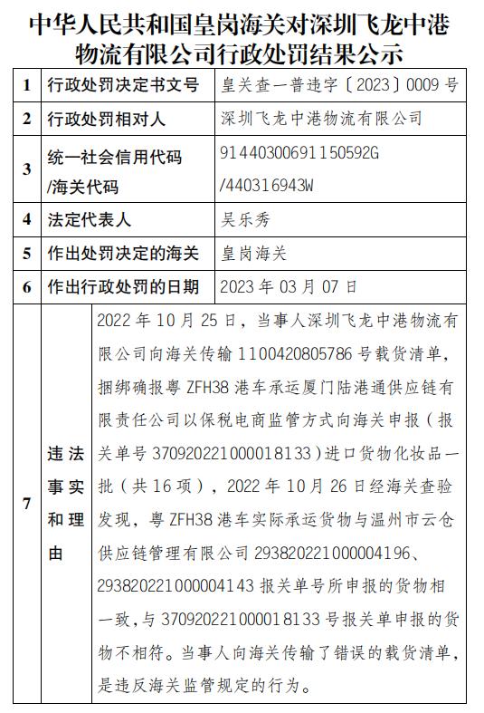 皇岗海关对深圳飞龙中港物流有限公司行政处罚结果公示