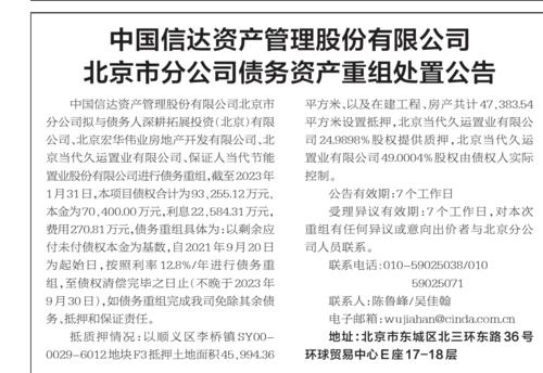 中国信达资产管理股份有限公司北京市分公司债务资产重组处置公告