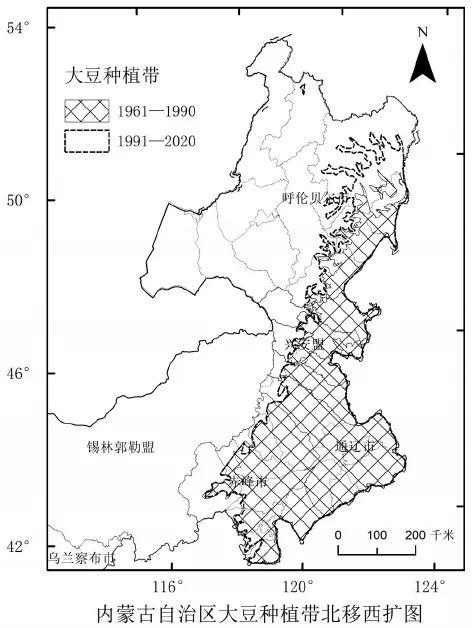 内蒙古自治区大豆种植带北移西扩图。制图:唐红艳 曲学斌。资料来源:内蒙古自治区生态与农业气象中心。