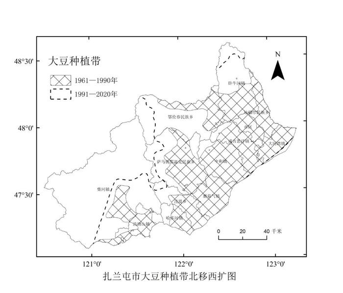 内蒙古扎兰屯市大豆种植带北移西扩图。制图:唐红艳 曲学斌。资料来源:内蒙古自治区生态与农业气象中心。