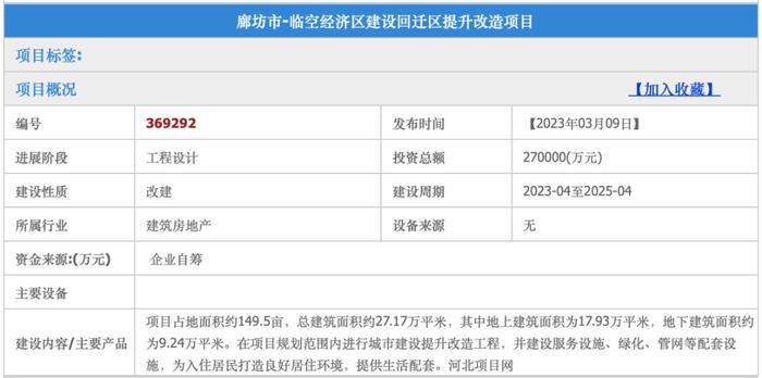 廊坊这一片区回迁改造最新消息！占地面积、建设周期、投资总额↓