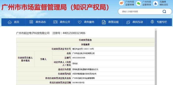 关于广州市起达电子科技有限公司的行政处罚决定书 穗花市监处罚〔2023〕149号