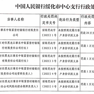 肇东中银富登村镇银行被罚 未按规定识别客户身份