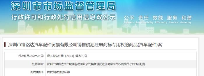 深圳市福铭达汽车配件贸易有限公司销售侵犯注册商标专用权的商品(汽车配件)案