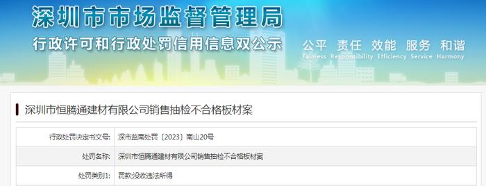 深圳市恒腾通建材有限公司销售抽检不合格板材案