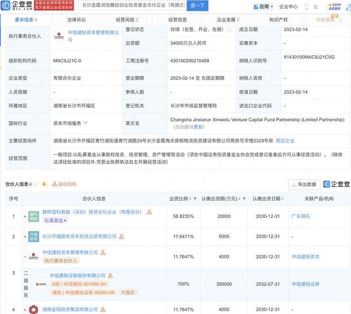 中信建投于长沙投资新设创投私募公司，注册资本3.4亿