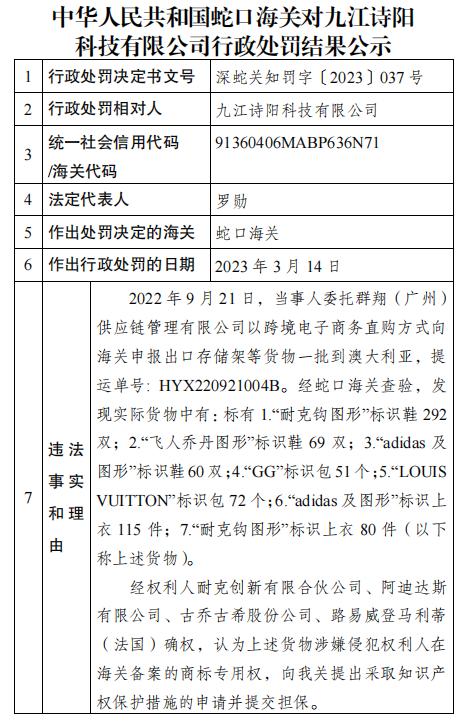 蛇口海关公示对九江诗阳科技有限公司侵犯商标专用权商品案行政处罚结果