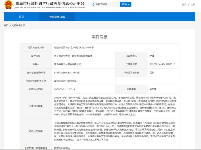 夜间违规施工、违反施工现场作业管理规定  青岛中青天一置业公司一天收2张罚单