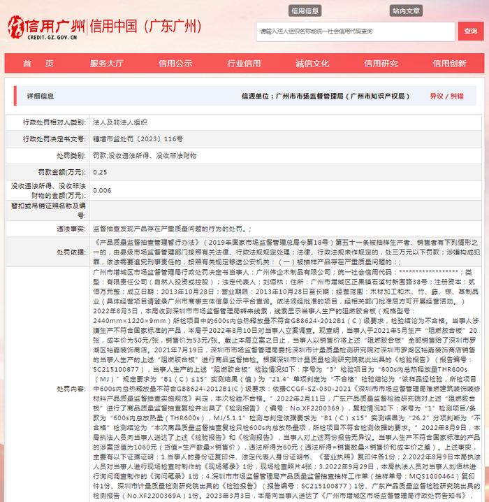 存在建筑材料质量违法行为  广州伟企木制品有限公司被罚