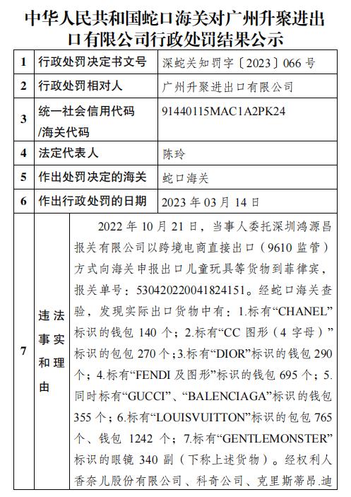 蛇口海关公示对广州升聚进出口有限公司侵犯商标专用权商品案行政处罚结果