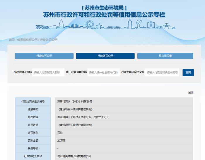 江苏省苏州市生态环境局对昆山锦昊铖电子科技有限公司作出行政处罚