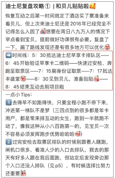 网友分享和玲娜贝儿互动的排队攻略 图片来源:社交平台截图
