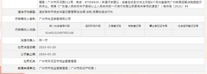 关于对广州市杜迈贸易有限公司行政处罚信息（穗天市监处罚〔2023〕126号）