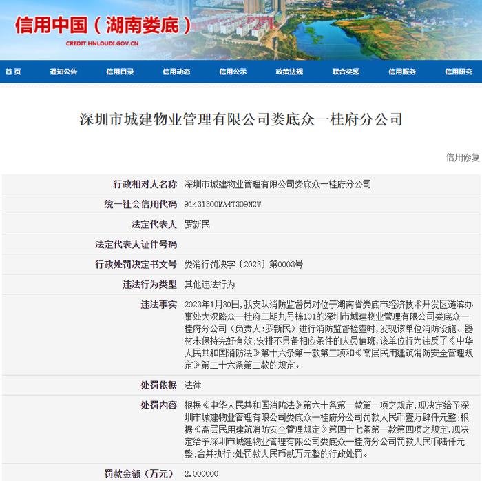 违反消防法  深圳市城建物业管理有限公司娄底众一桂府分公司被罚