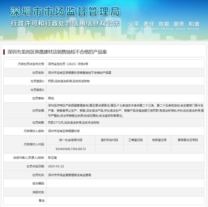 深圳市龙岗区恭晟建材店销售抽检不合格的产品案