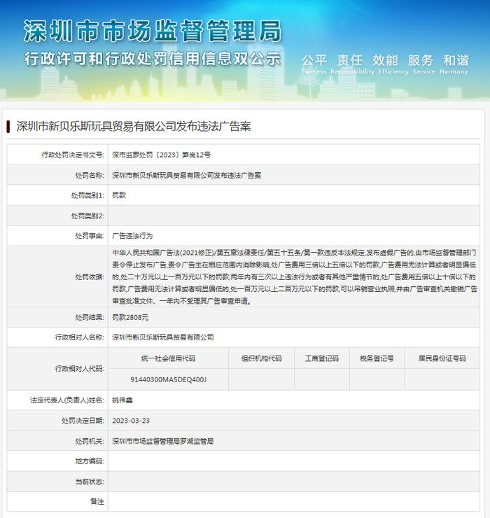 发布违法广告  深圳市新贝乐斯玩具贸易有限公司被处罚