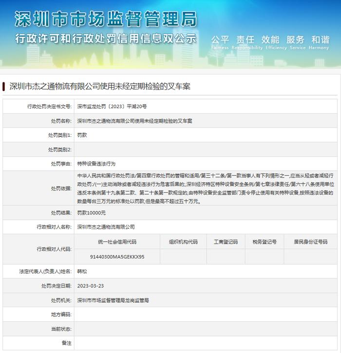 使用未经定期检验的叉车  深圳市杰之通物流有限公司被罚款10000元