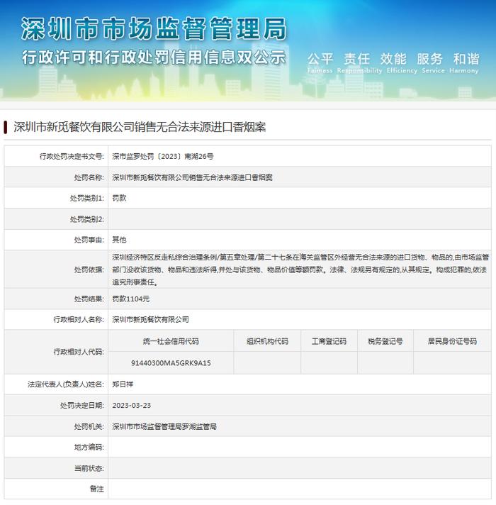 销售无合法来源进口香烟  深圳市新觅餐饮有限公司被处罚