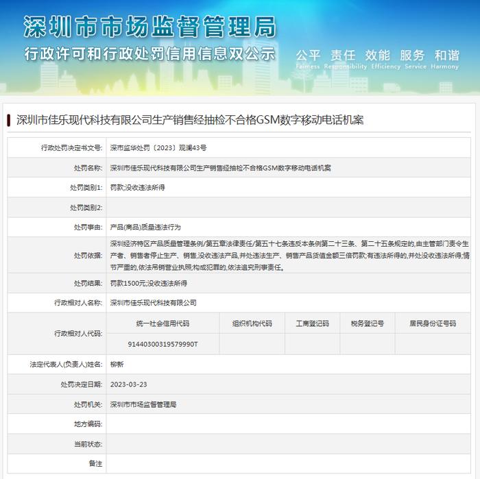 生产销售不合格GSM数字移动电话机  深圳市佳乐现代科技有限公司被处罚