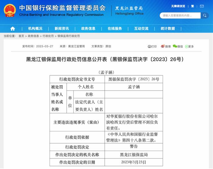 贷后管理不到位 华夏银行哈尔滨哈西支行被罚