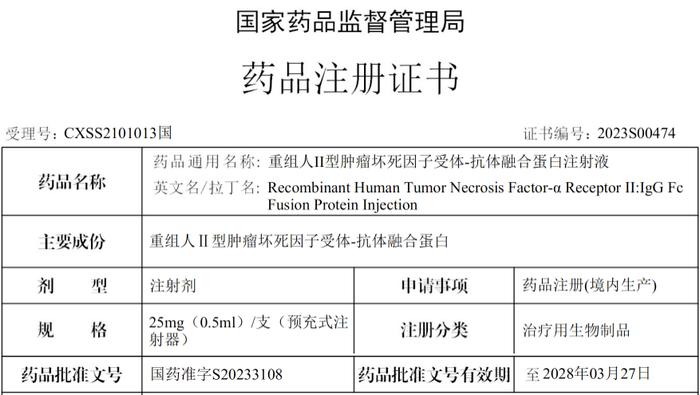 益赛普 (重组人II型肿瘤坏死因子受体-抗体融合蛋白注射液)预充针剂型正式获批上市