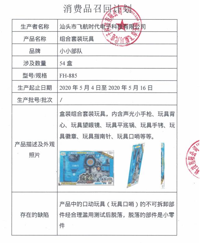 汕头市飞航时代电子科技有限公司召回部分小小部队牌组合套装玩具