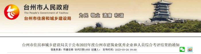 浙江省台州市住房和城乡建设局关于公布2022年度台州市建筑业优秀企业和人员综合考评结果的通知