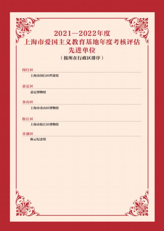 上海市爱国主义教育基地年度考核评估结果公布！青浦1个单位、1名个人、1个项目上榜