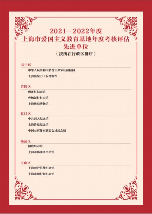 上海市爱国主义教育基地年度考核评估结果公布！青浦1个单位、1名个人、1个项目上榜