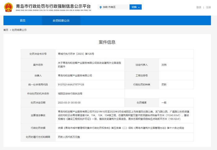 青岛均和创智产业服务有限公司擅自改变建筑外立面造型被罚2万元