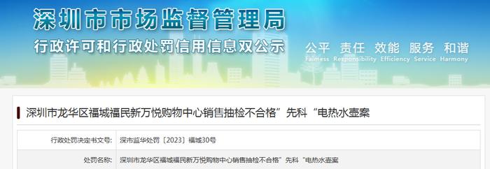 深圳市龙华区福城福民新万悦购物中心销售抽检不合格”先科“电热水壶案