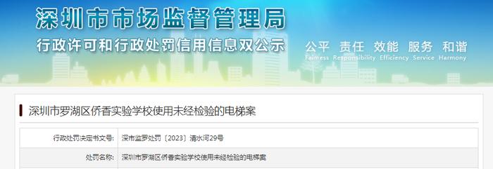 深圳市罗湖区侨香实验学校使用未经检验的电梯被罚款6000元