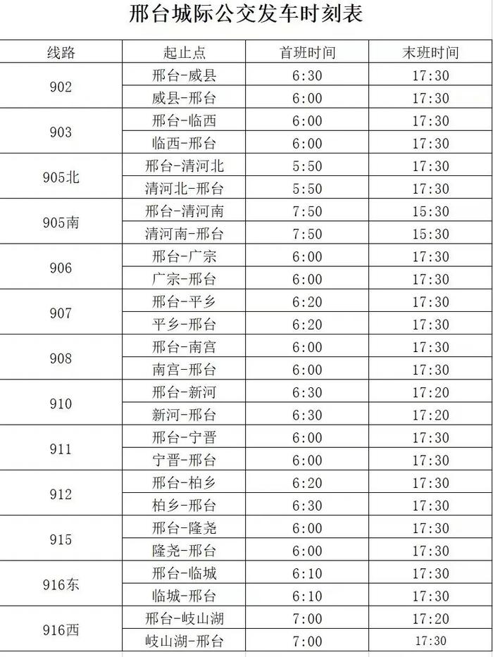 最新时刻表！邢台城际公交最新发布！