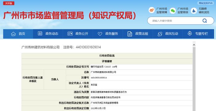 销售的阻燃胶合板检出不合格 广州伟林建筑材料有限公司被处罚