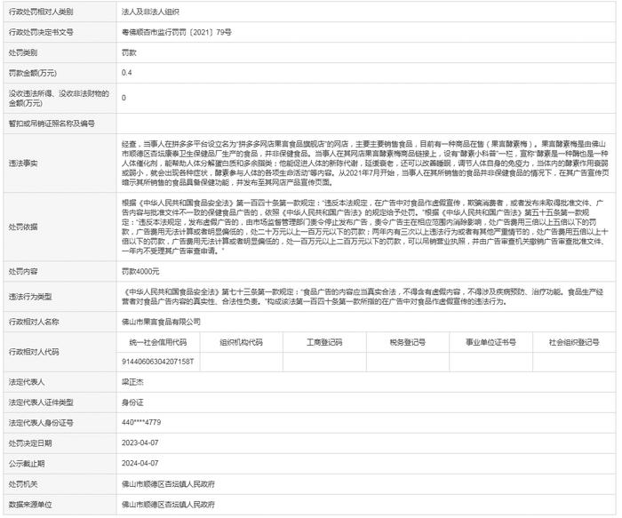 【广东】关于佛山市果言食品有限公司的行政处罚决定书  粤佛顺杏市监行罚罚〔2021〕79号