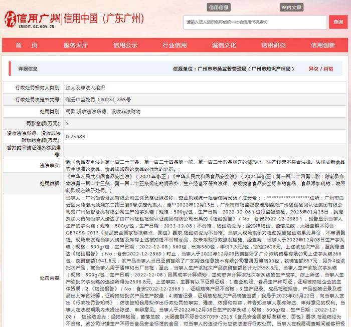 关于对广州怡香食品有限公司行政处罚信息（穗云市监处罚〔2023〕365号）