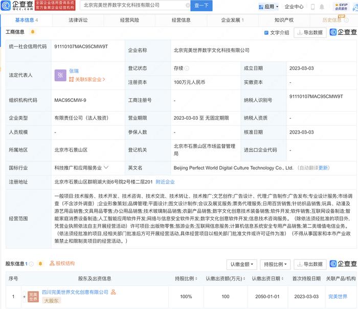 完美世界新设数字文化科技公司，含数字文创软件开发业务