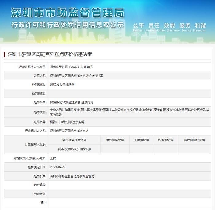 深圳市罗湖区周记宫廷糕点店价格违法案