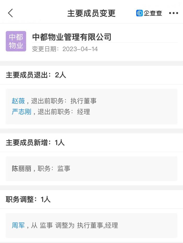中都物业高管变动：周军出任执行董事、经理，陈丽丽出任监事