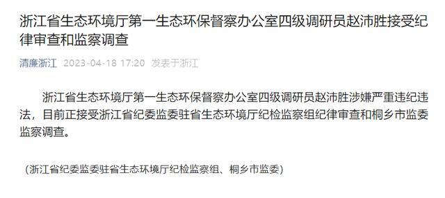 浙江省生态环境厅第一生态环保督察办公室四级调研员赵沛胜接受审查调查