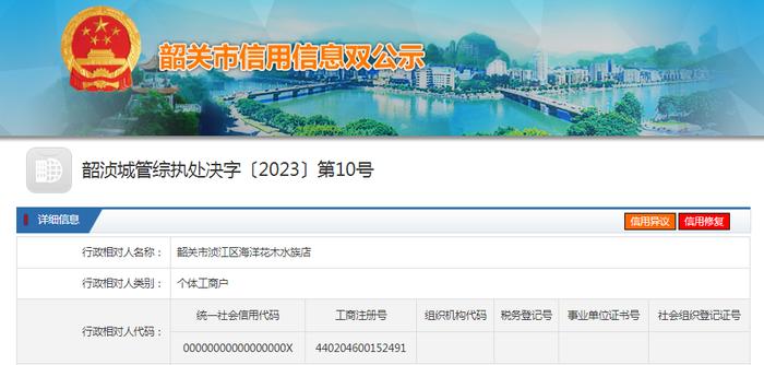 【广东】关于韶关市浈江区海洋花木水族店的行政处罚决定书  韶浈城管综执处决字〔2023〕第10号